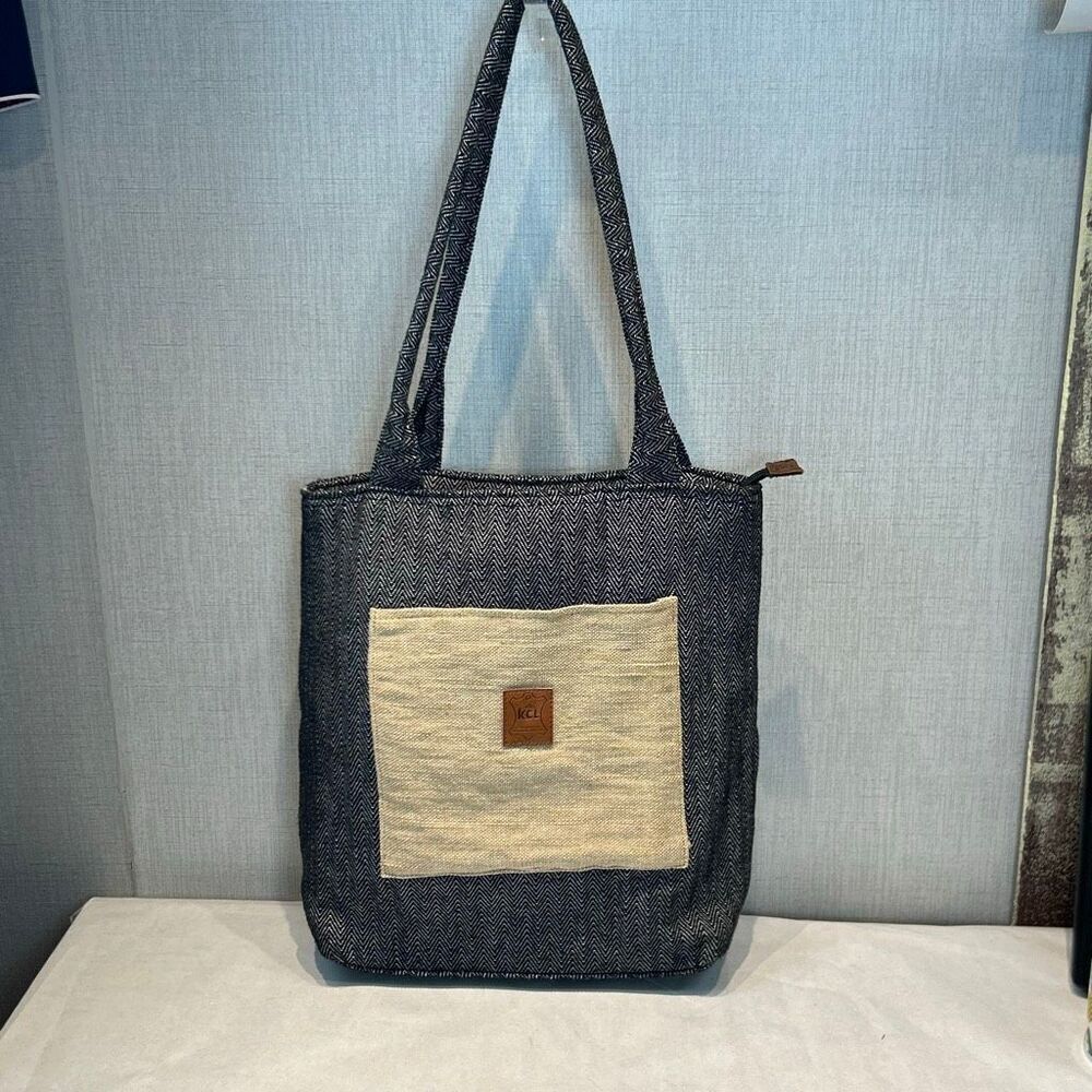 Handcrafted Tote Bag Zip Top Gray Herringbone Pattern Front Pocket KCL NYC Nepal